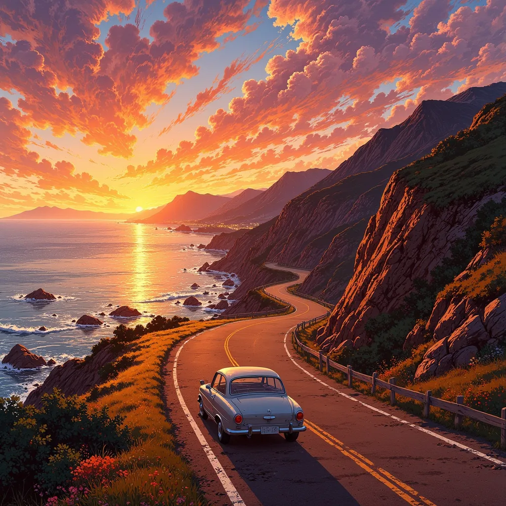 a classic car driving down a windy cliffside road overlooking the ocean at sunset.