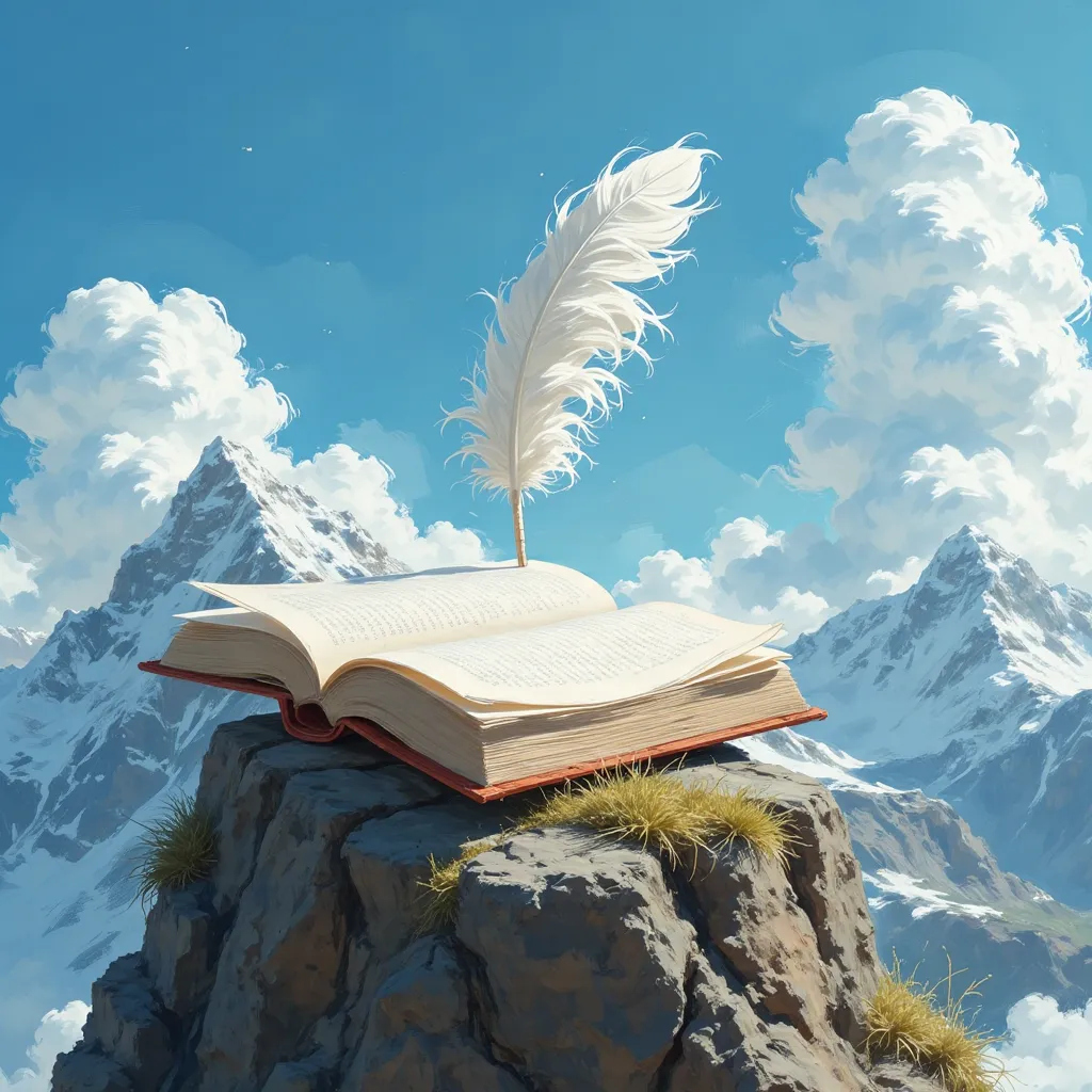 an open journal and floating feather quill on the top of a mountain.