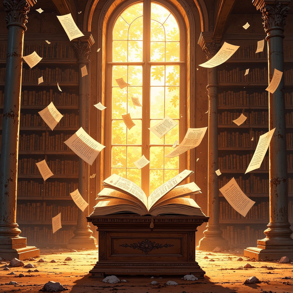 loose pages and thought bubbles floating across a vast sunlit library to be collected into a great book on an ornate wooden pedestal at its centre.